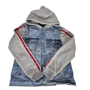 1 Sunset Lane Jacket Womens Large Blue Denim Gray Hoodie Jean Red Stripe Sleeves